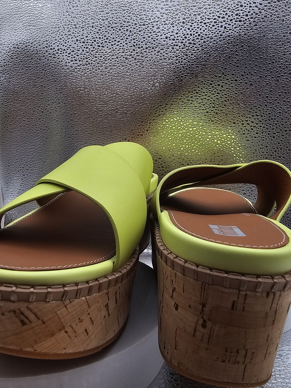 FitFlop Platform Slide Sandals Neon Yellow Lime Cork Sole Criss Cross Women’s - Picture 4 of 5